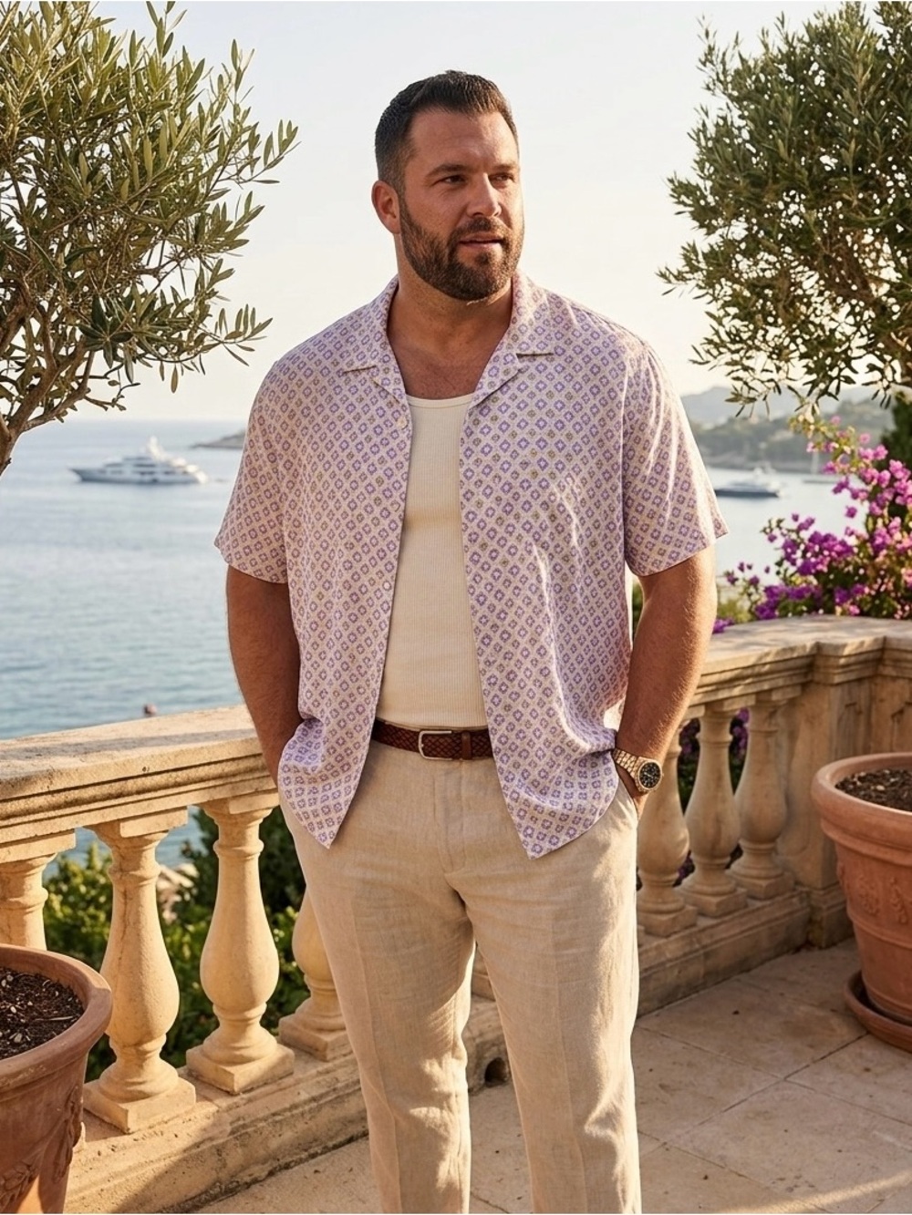 Club Room Silk Blend Lavender Patterned Short-Sleeve Button-Down Shirt